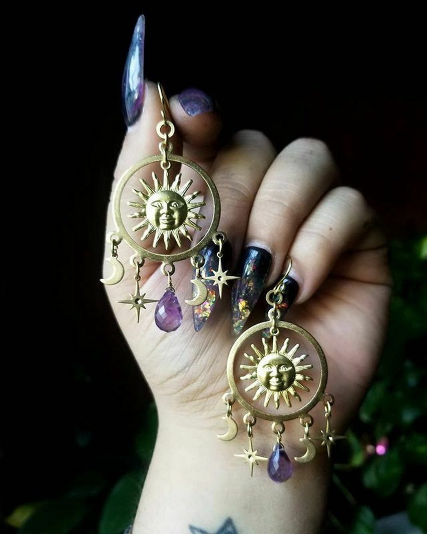 Amethyst Teardrop Pendant Golden Sun Moon XINGX Earrings