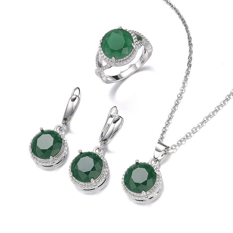 Women's Zircon Necklace Earring Ring Three-piece Set Simple Round