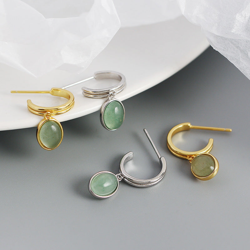 Boucles d'oreilles en argent S925 en forme de C, Aventurine verte de haute qualité, argent rétro