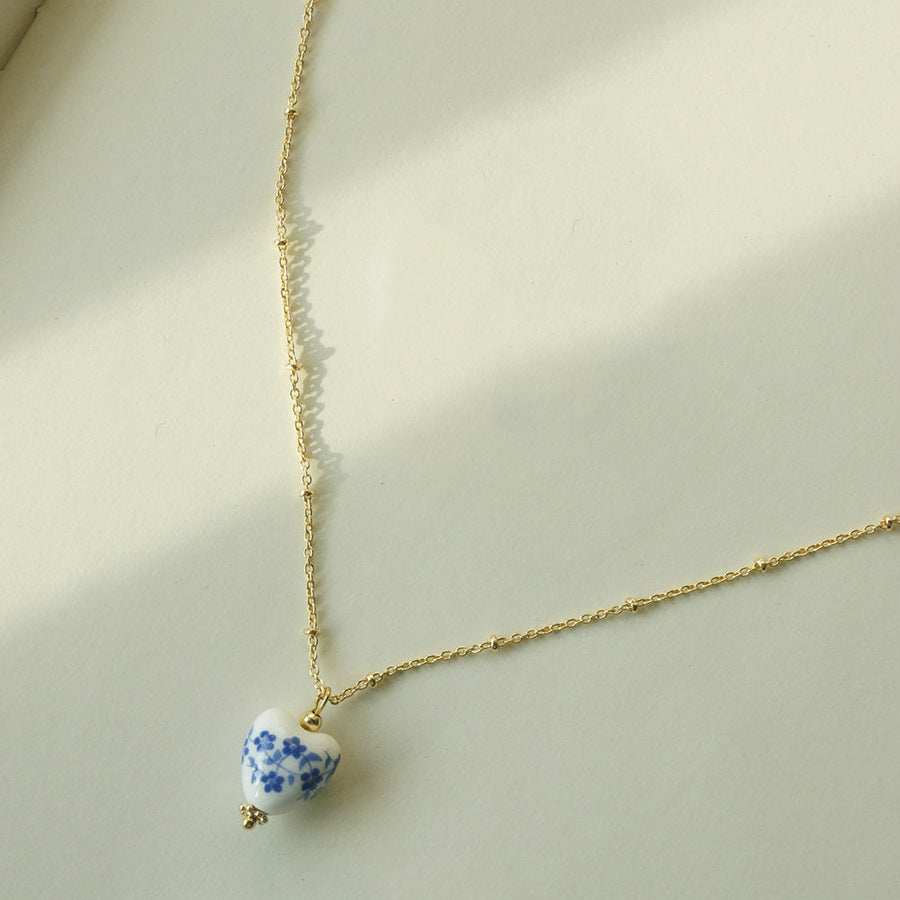 Retro Chinese Style Heart-shaped Blue And White Porcelain Necklace Women's Titanium Steel Elegant Wild Earrings