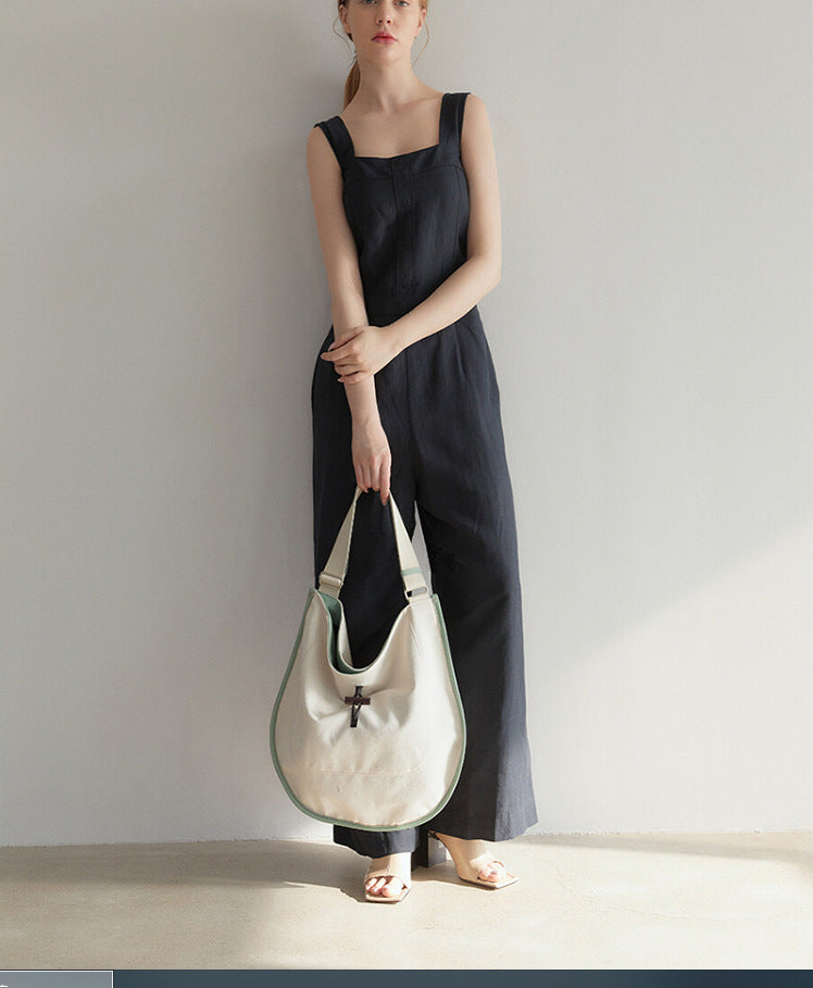 Contrast Color Texture Drawstring Tote Large Capacity Canvas Stitching Leather Simple Bag