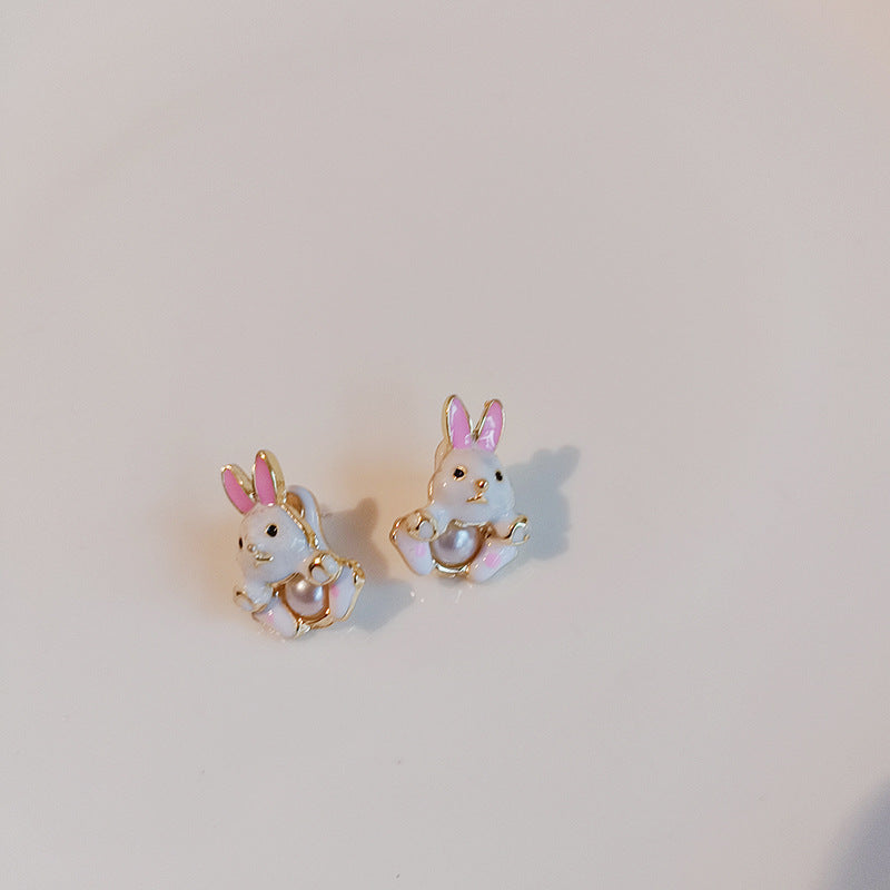 Boucles d'oreilles à tige en forme de lapin doux et mignon, aiguille en argent 925