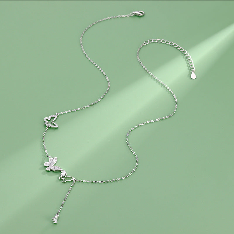 S925 Sterling Silver Diamond Tassel Butterfly Necklace