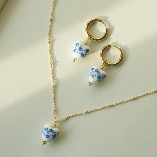 Retro Chinese Style Heart-shaped Blue And White Porcelain Necklace Women's Titanium Steel Elegant Wild Earrings