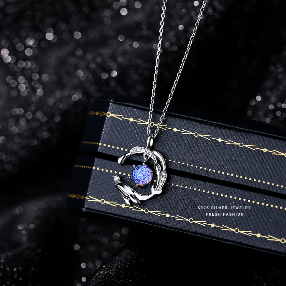 Collier en argent Sterling S925 avec pierre de verre, comme une baleine dans la mer, 5, pour femmes