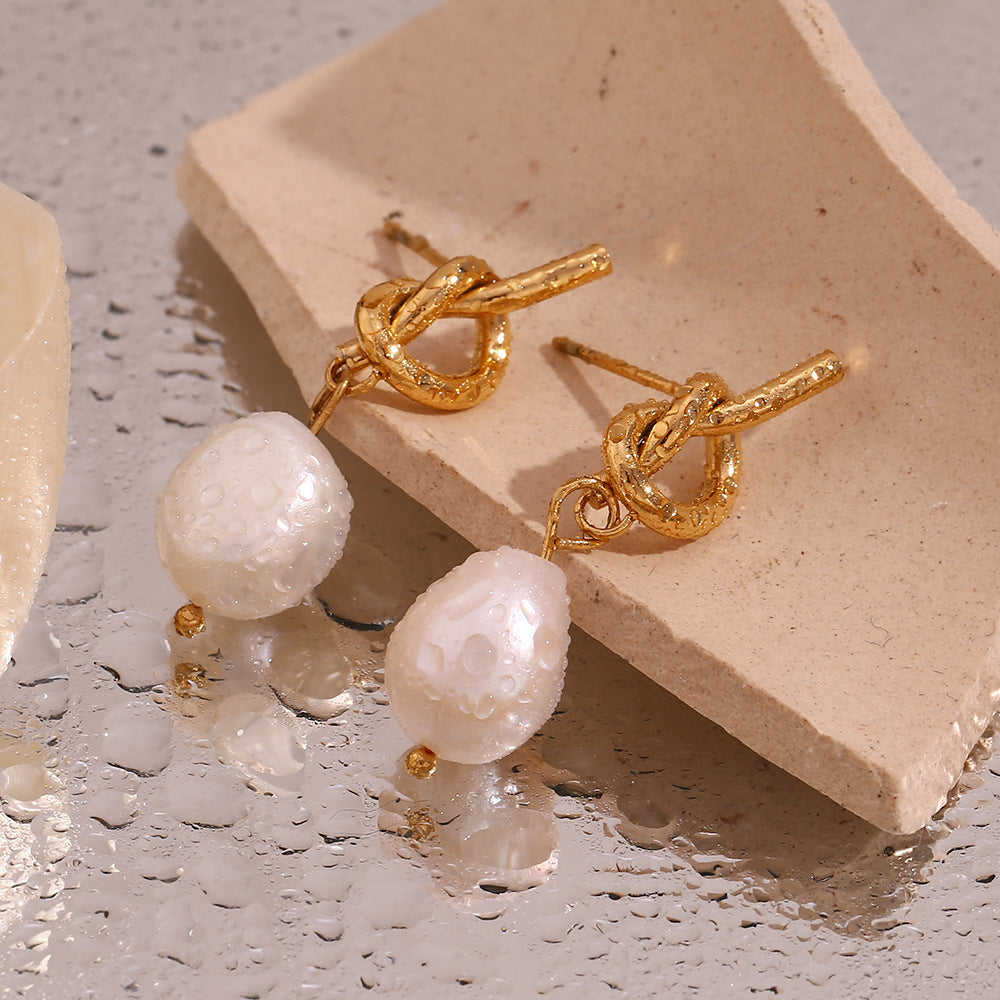 Fashion Stainless Steel 18K Gold Plating Knotted Button Freshwater Pearl Ear Studs