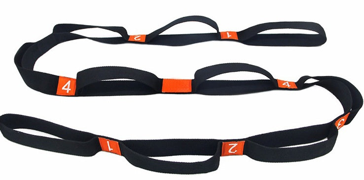 Sangle de yoga élastique avec plusieurs boucles de préhension.