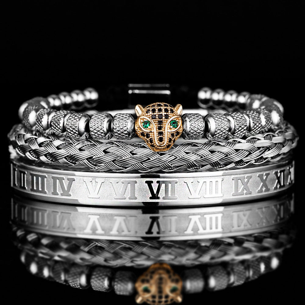 Pulsera romana de perlas de piña de malla con conjunto de cabeza de leopardo