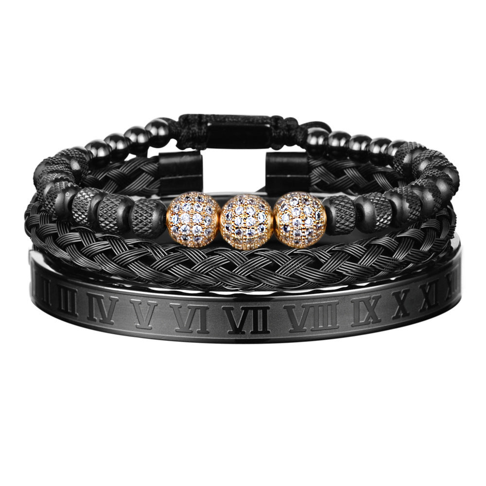 Bracelet en maille d'acier inoxydable, 3 boules de strass, dix diamants