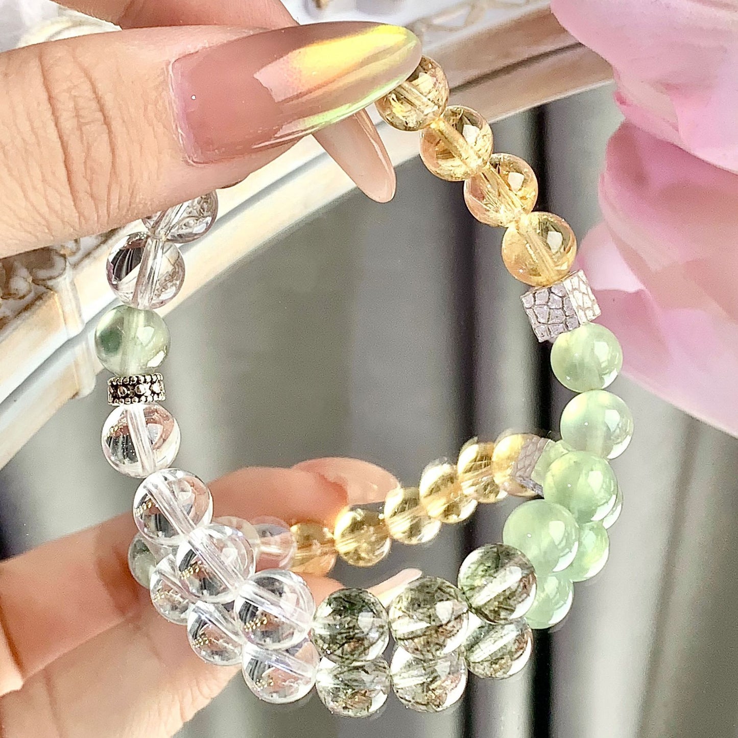 Natural Crystal Bracelet Turquoise Green Quartz Rutilated