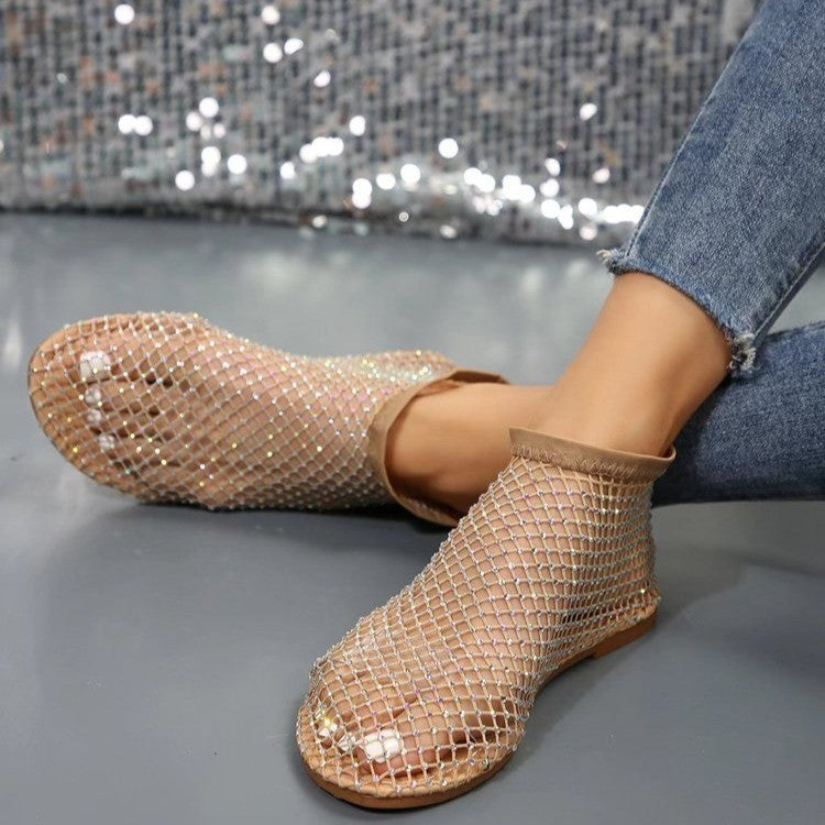 Nouvelles sandales plates creuses avec strass Design chaussures d'été à bout rond pour femmes