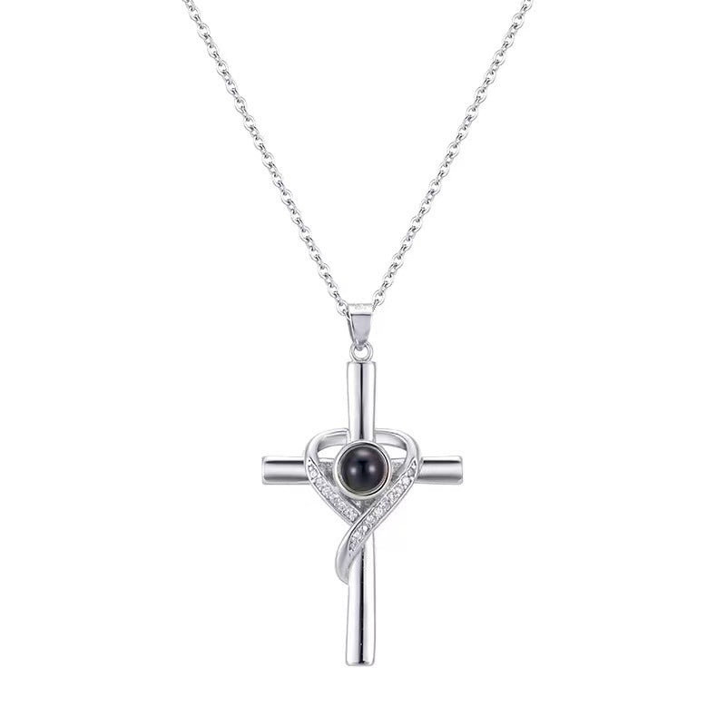 Collier de projection Je t'aime en 100 langues, pendentif croix d'amour
