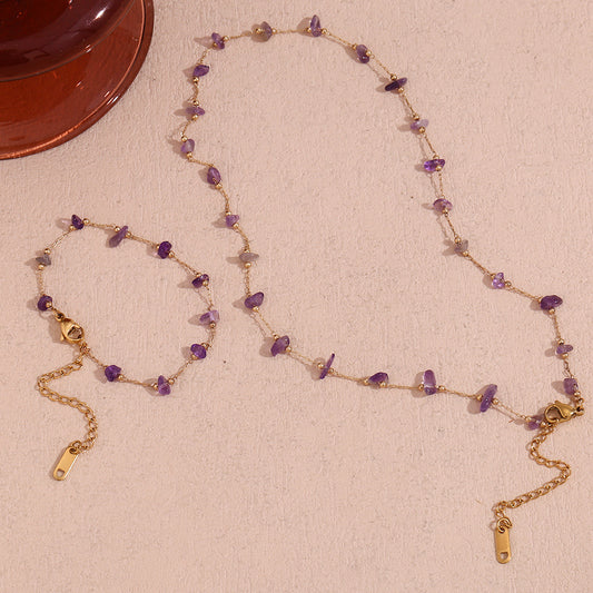 Stainless Steel 18K Gold Plating Amethyst Gravel Handmade Chain Necklace Bracelet For Women