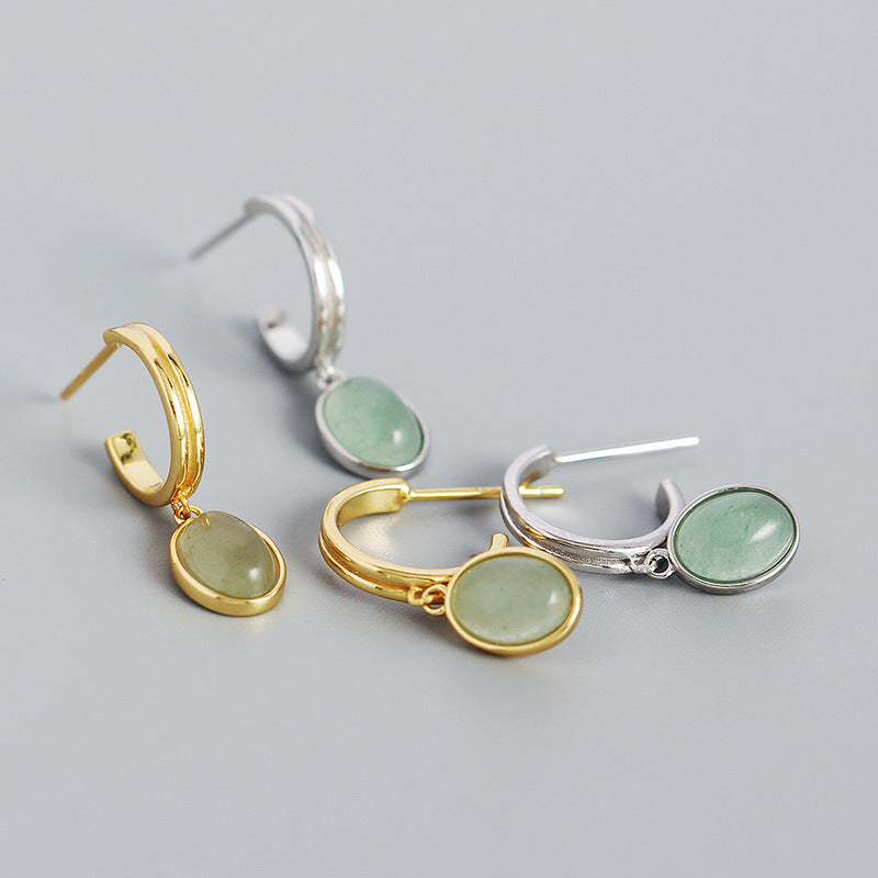 Boucles d'oreilles en argent S925 en forme de C, Aventurine verte de haute qualité, argent rétro