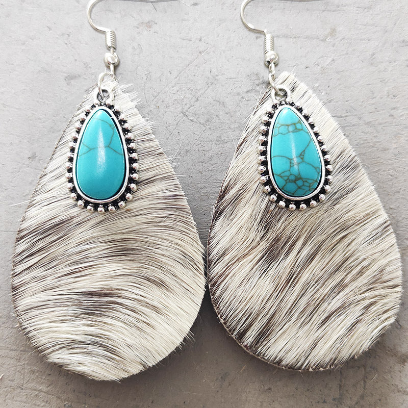Western Animal Grain Cowhide Water Drop Turquoise Metal Leopard Print Earrings