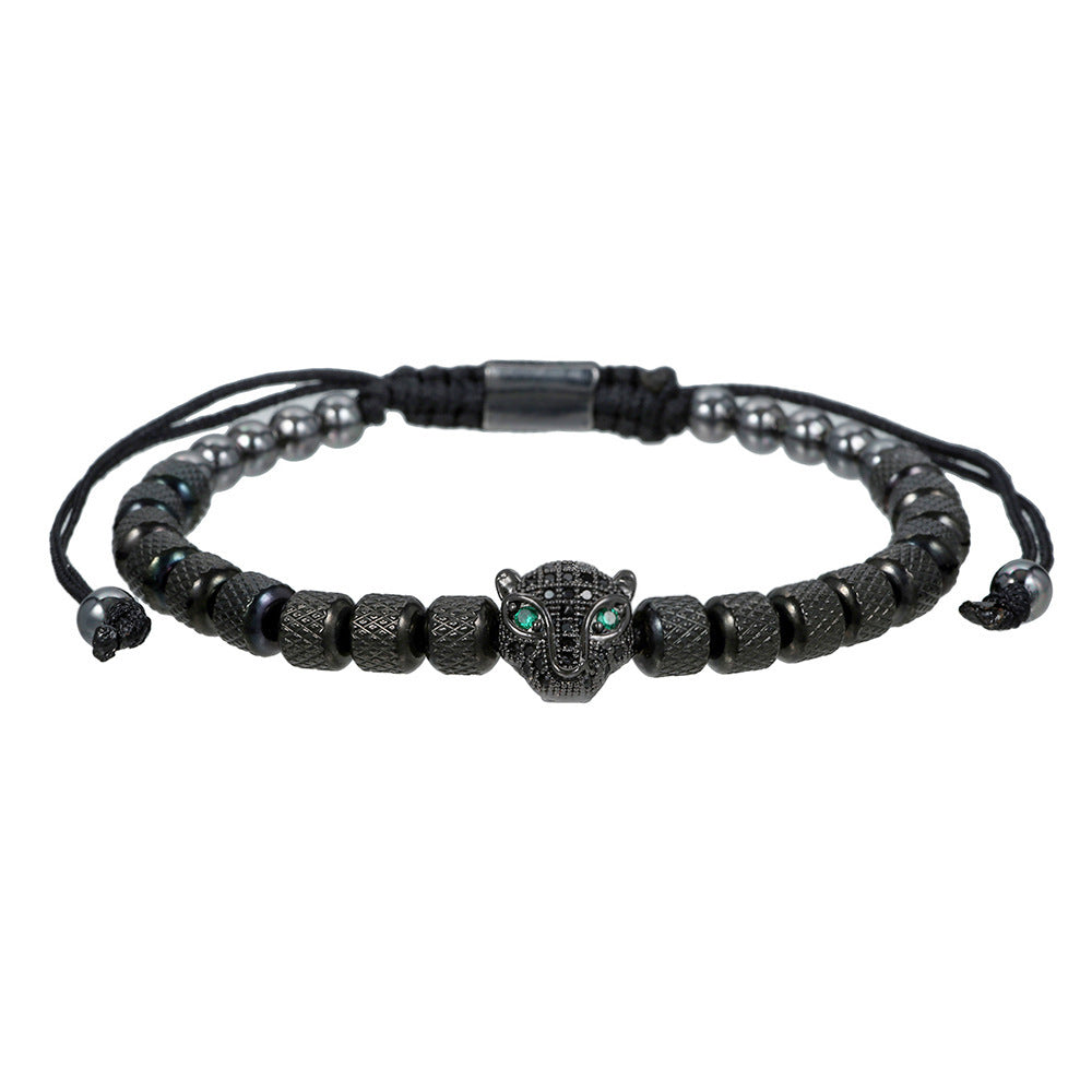 Zircon Leopard Head Stainless Steel Pineapple Bead Bracelet