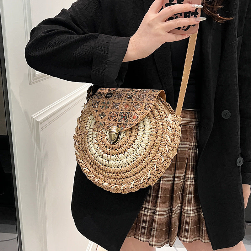 Bolso redondo cruzado pequeño Seaside Holiday Bolso redondo de paja para pastel