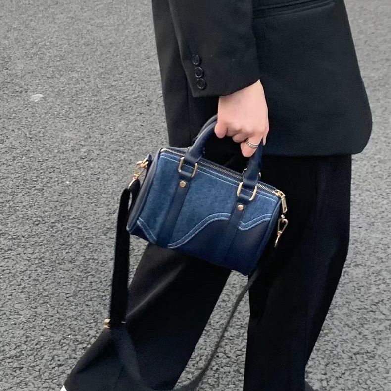 Sac Boston en cuir patchwork en denim rétro