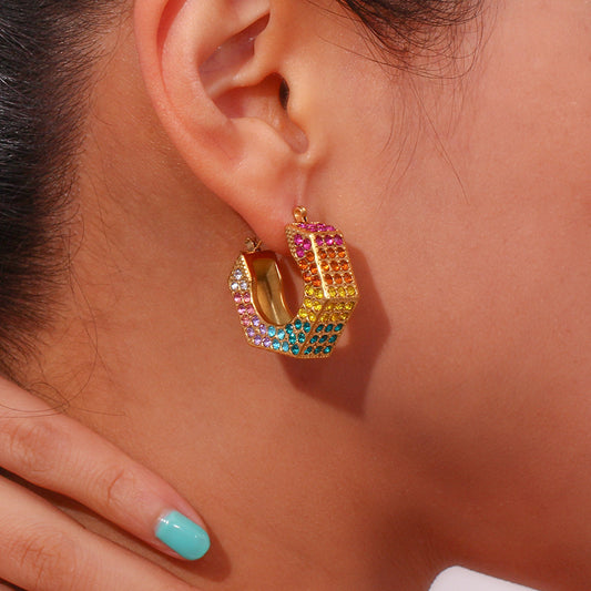 Personalized Retro Earrings Jewelry Stainless Steel Gold-plated Hexagonal Diamond Box Ear Ring