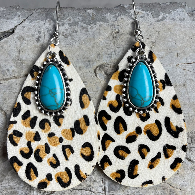 Western Animal Grain Cowhide Water Drop Turquoise Metal Leopard Print Earrings