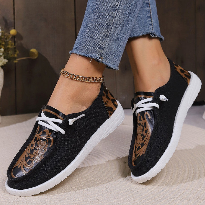 Nouveau bout rond fleur imprimé toile chaussures plates hiver décontracté chaud Plus velours femmes chaussures en peluche