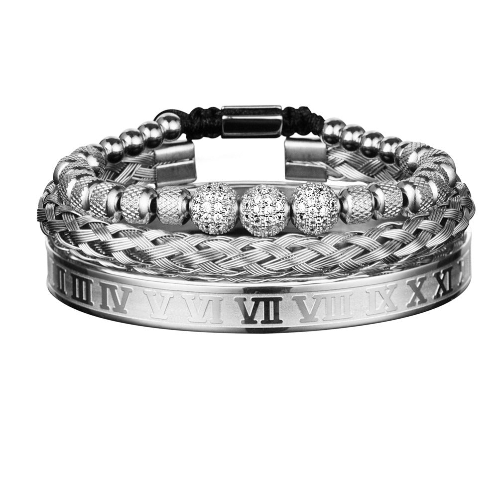 Bracelet en maille d'acier inoxydable, 3 boules de strass, dix diamants