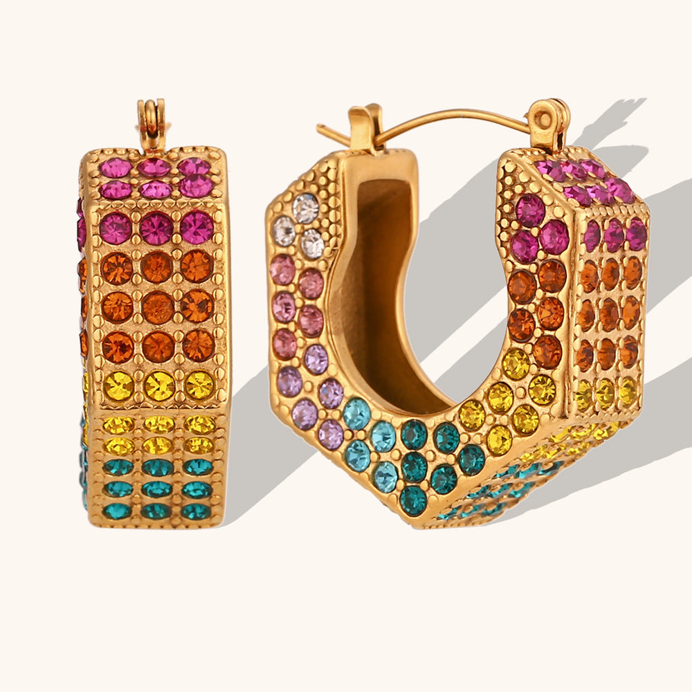 Personalized Retro Earrings Jewelry Stainless Steel Gold-plated Hexagonal Diamond Box Ear Ring