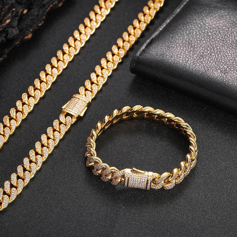Collier et Bracelet en Zircon à Double rangée, ornement Hip Hop européen, attache à ressort de 12mm