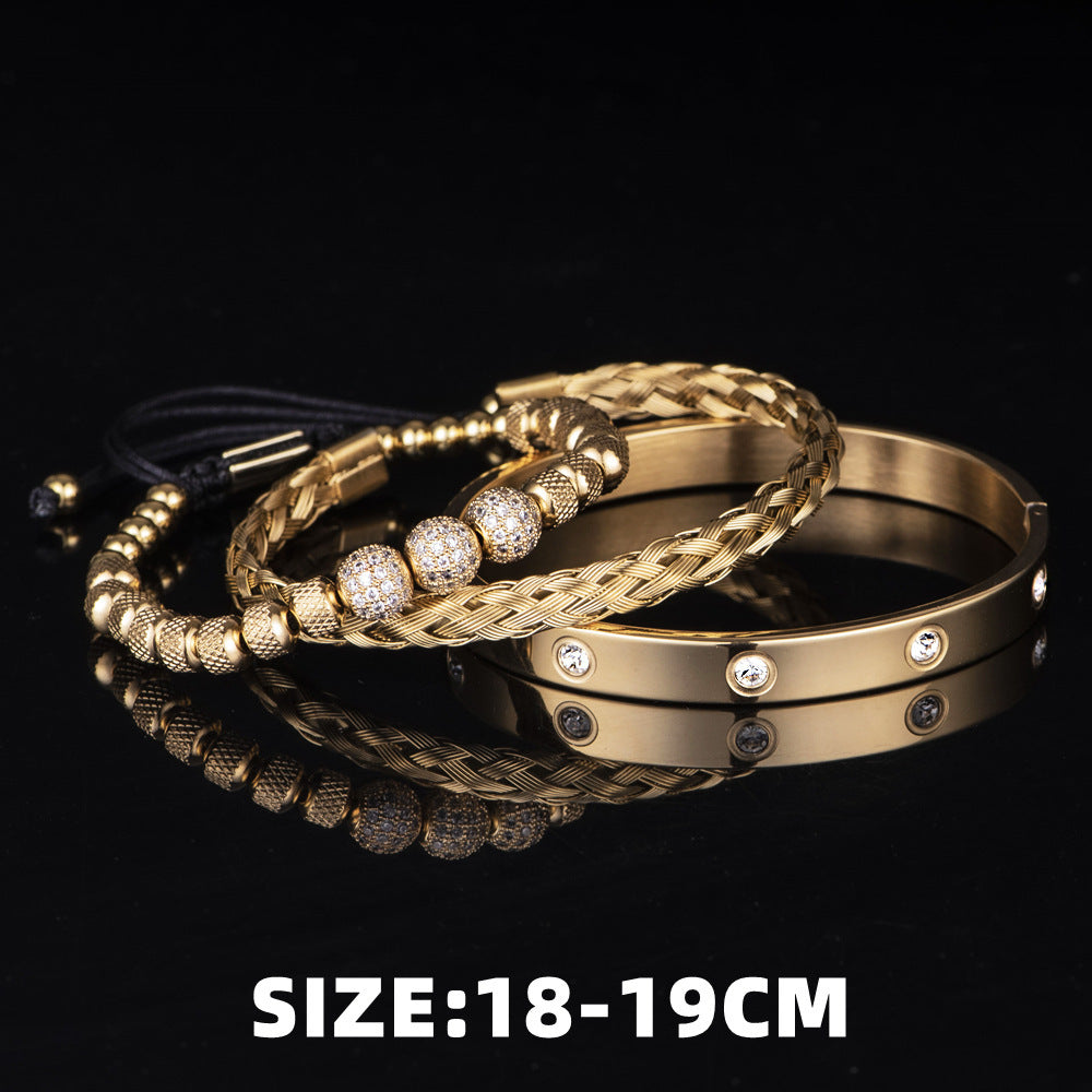 Bracelet en maille d'acier inoxydable, 3 boules de strass, dix diamants