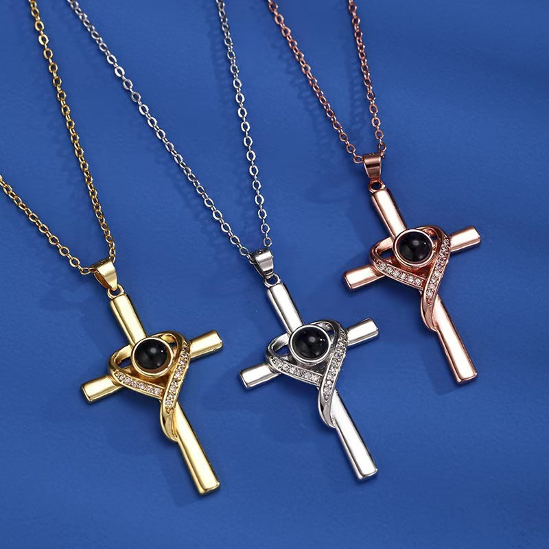 Collier de projection Je t'aime en 100 langues, pendentif croix d'amour