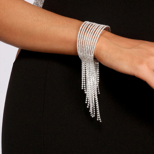 Bracelet multicouche en strass pour femme, pompon, soirée