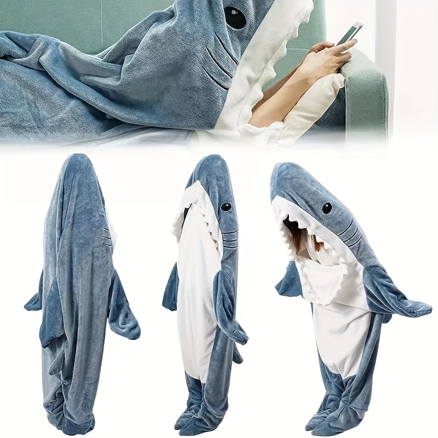 Couverture de requin pour adultes, couverture de requin à capuche, couverture de requin en flanelle super douce et confortable, sac de couchage pour costume de cosplay pour garçons et filles pour la nuit
