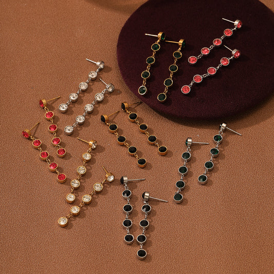 Color Zircon Tassel Titanium Steel Earrings For Women