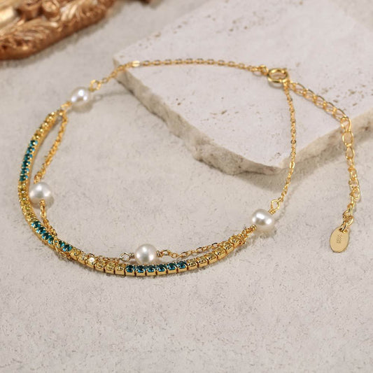 925 Sterling Silver Natural Baroque Pearl Two-tone Tennis Chain Ins Style Bracelet
