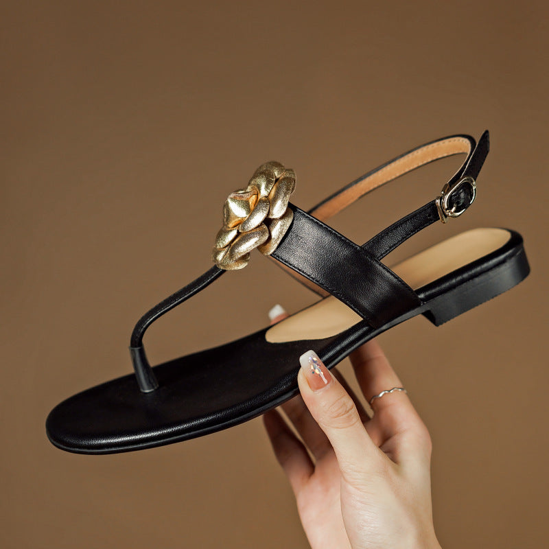 Style Preppy en peau de mouton à bout plat avec sandales à bout ouvert pour femmes