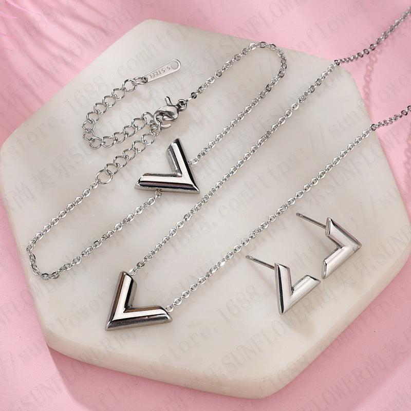 Collier Simple en forme de V en acier inoxydable, Bracelet, clous d'oreilles, costume