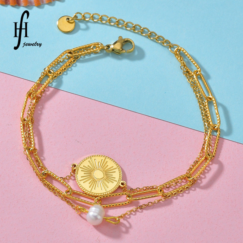 Bracelet en titane et acier, or 18 carats, trois couches, motif foncé, perles rondes, ornement