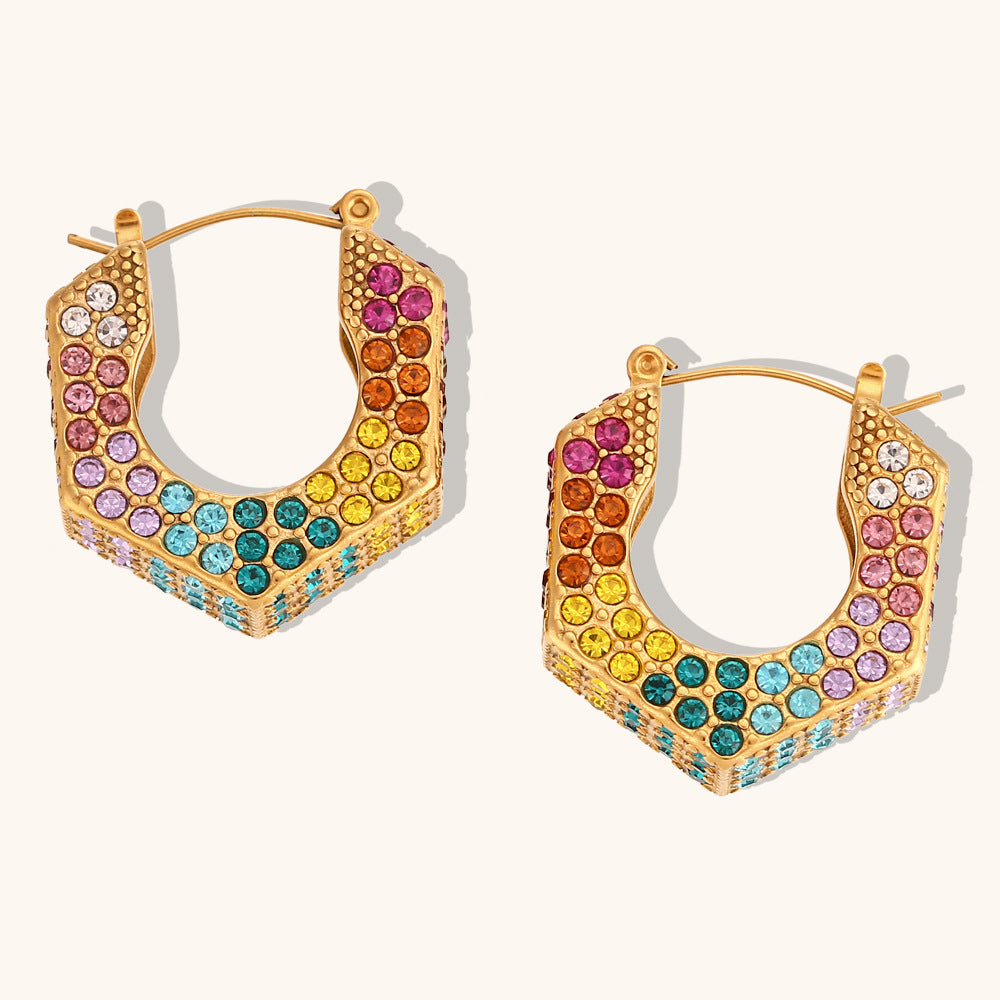 Personalized Retro Earrings Jewelry Stainless Steel Gold-plated Hexagonal Diamond Box Ear Ring