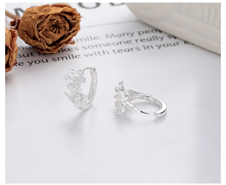 S925 Sterling Silver Artistic Pearl Stitching Snowflake Inlaid Zircon Trendy Earrings