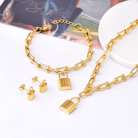 All-match Stainless Steel Small Lock Bracelet Earrings Suit