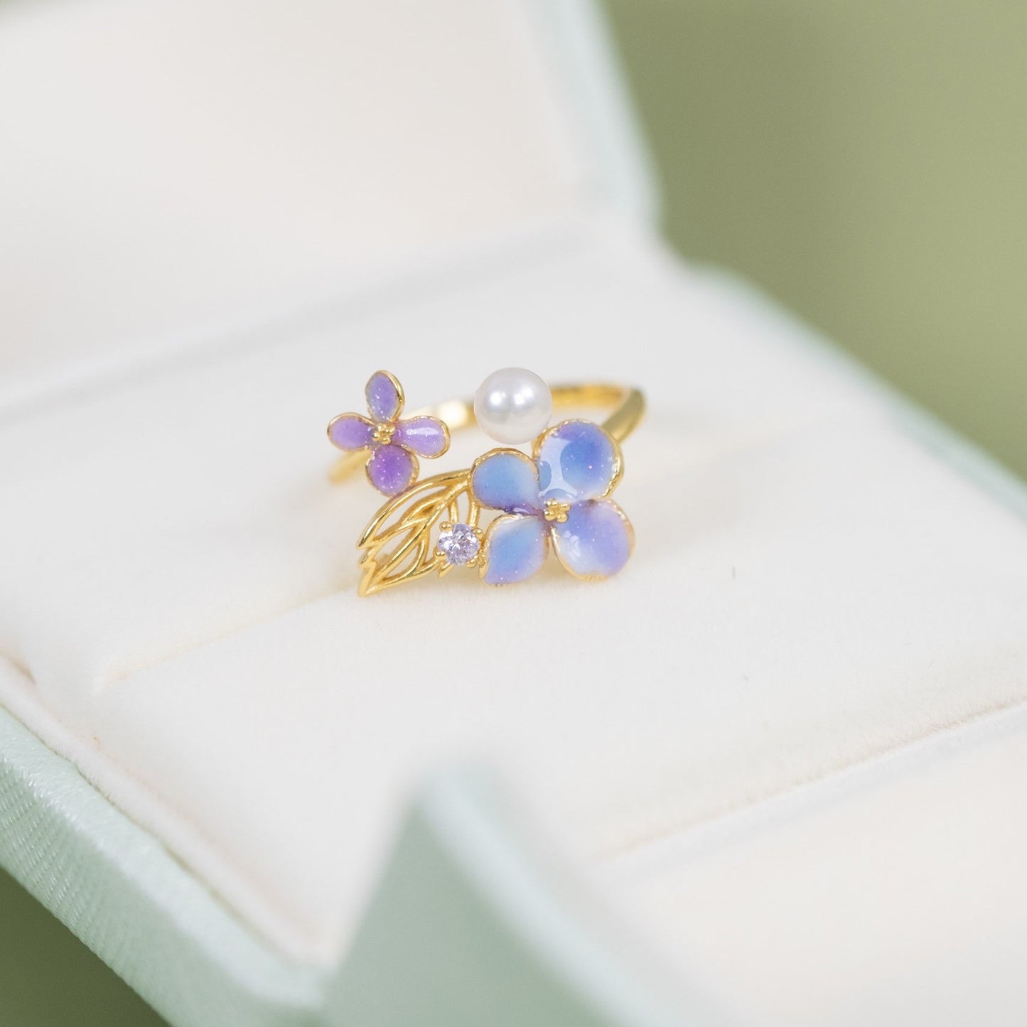 S925 Freshwater Pearl Enamel Hydrangea Ring
