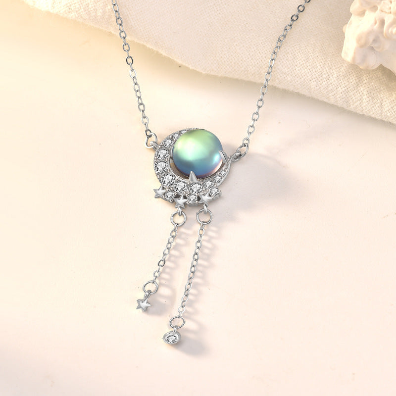 S925 argent Sterling Zirconium lune étoile pierre de lune collier gland