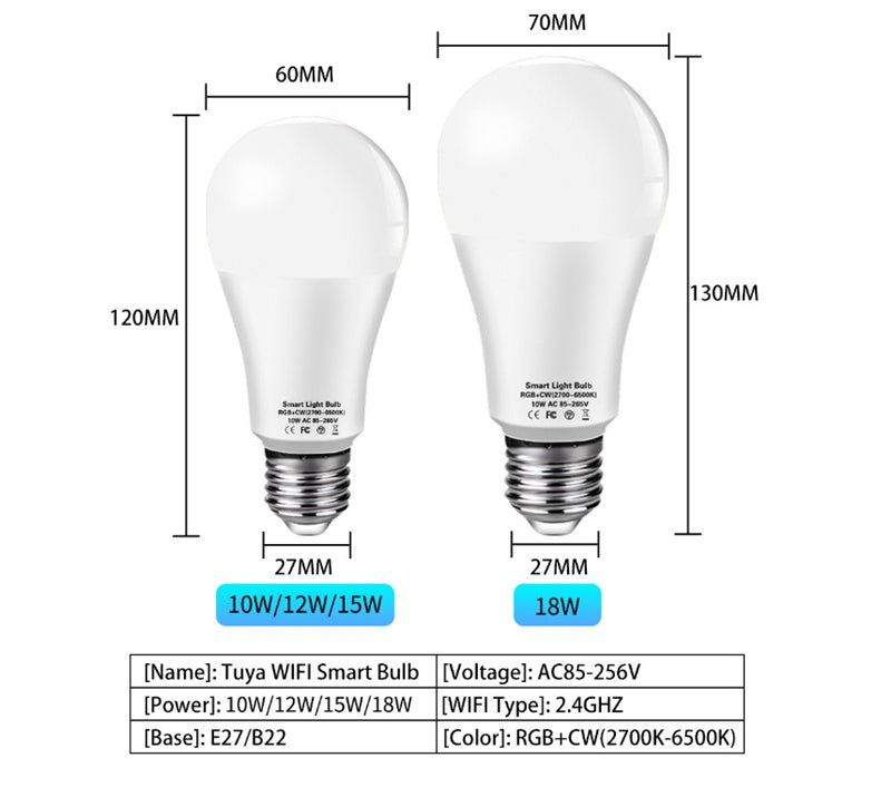 Luz de bombilla WiFi de bombilla LED RGB de color Tuya