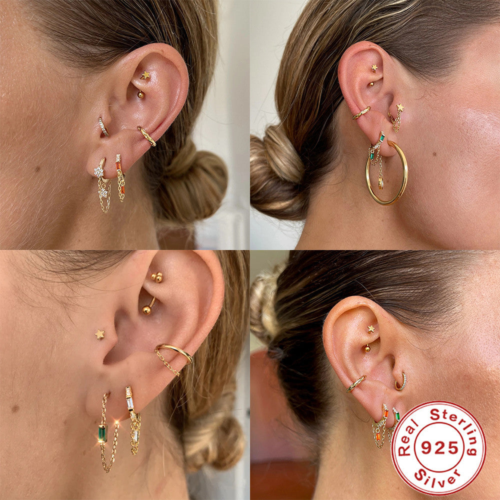 S925 Sterling Silver Ins Geometric Tassel Chain Square Zircon Earrings