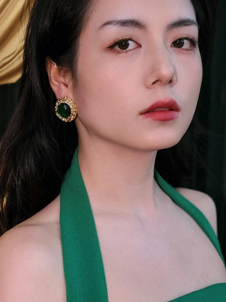 Boucles d'oreilles à épingle en argent pour femmes, style baroque français rétro, pierres rondes