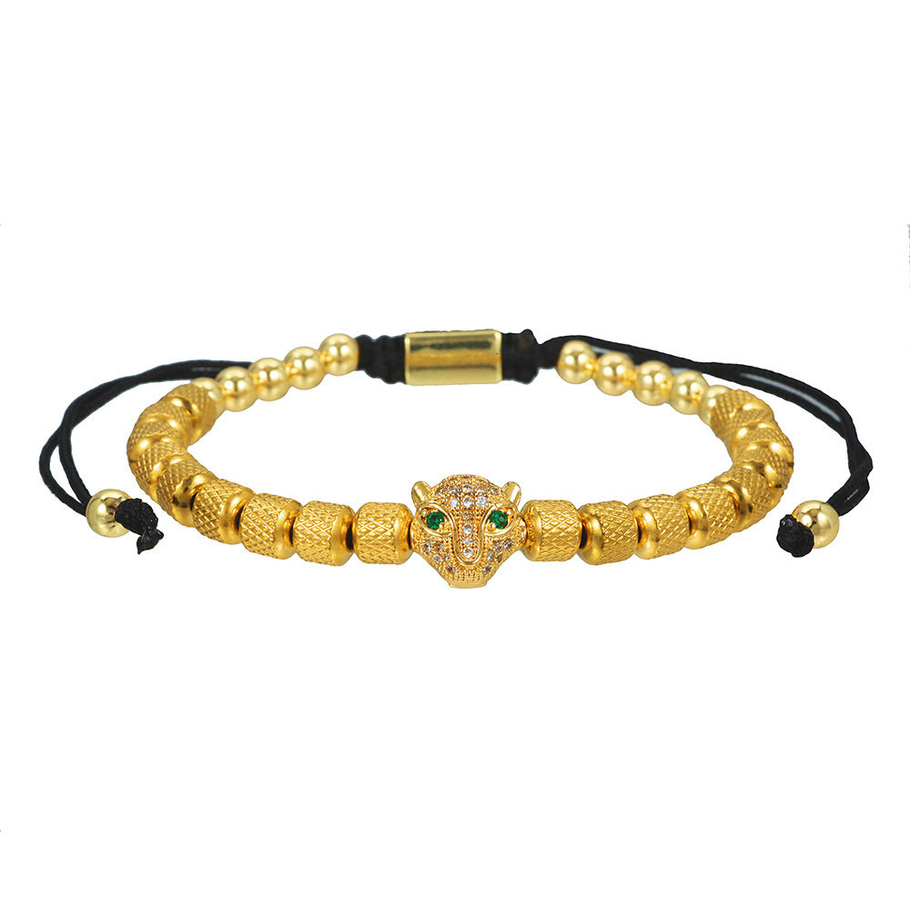 Zircon Leopard Head Stainless Steel Pineapple Bead Bracelet