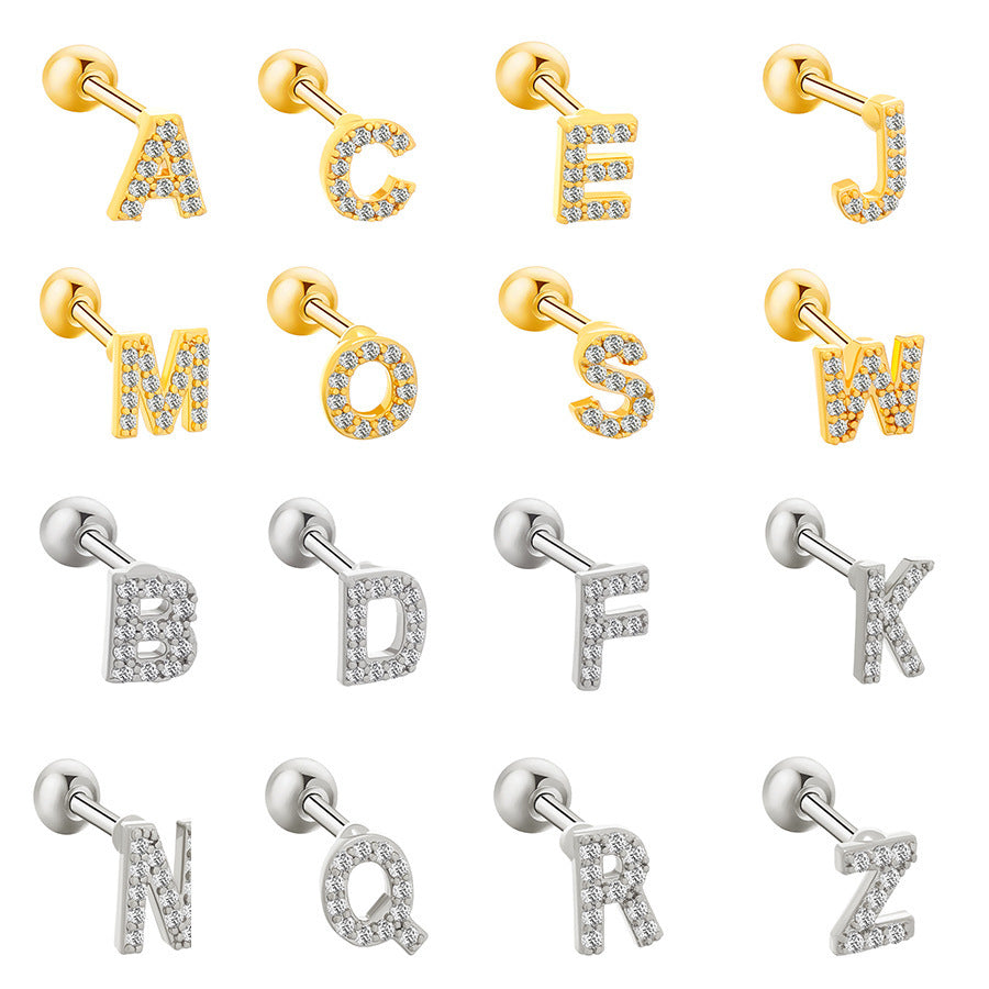 Inlaid Zircon 26 English Letters Ear Bone Stud Retro Personality Alloy Letter Thread Stud Earrings Ear Piercing