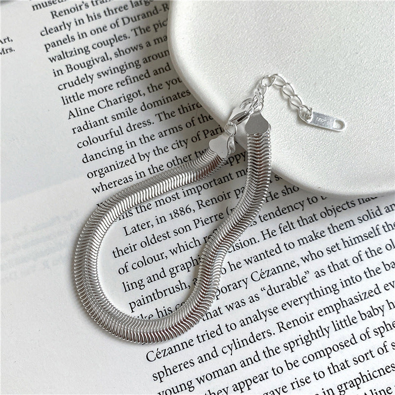 S925 Sterling Silver Korean Style Heavy-duty Texture Flat Snake Wide Chain