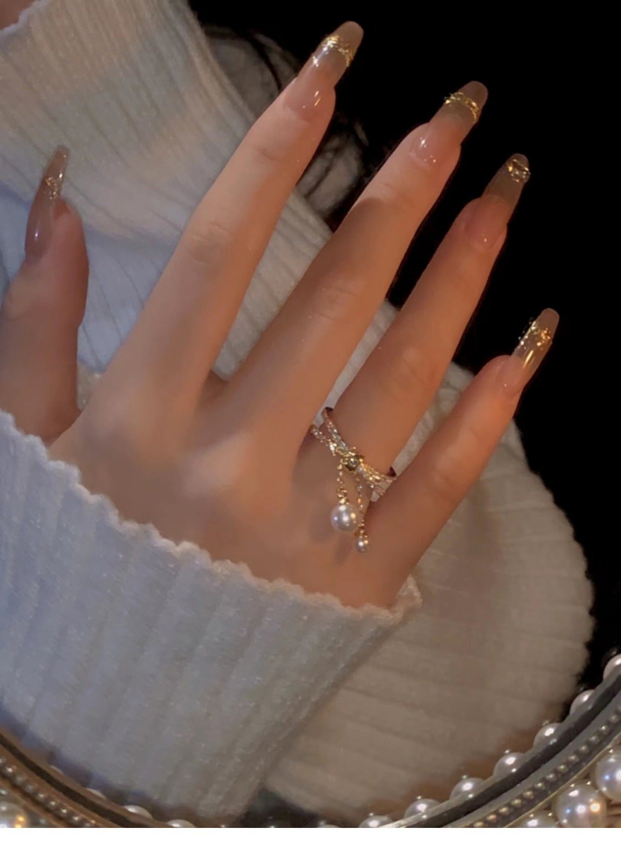 Anillo de doble capa con borla de circón y perla barroca galvanizada