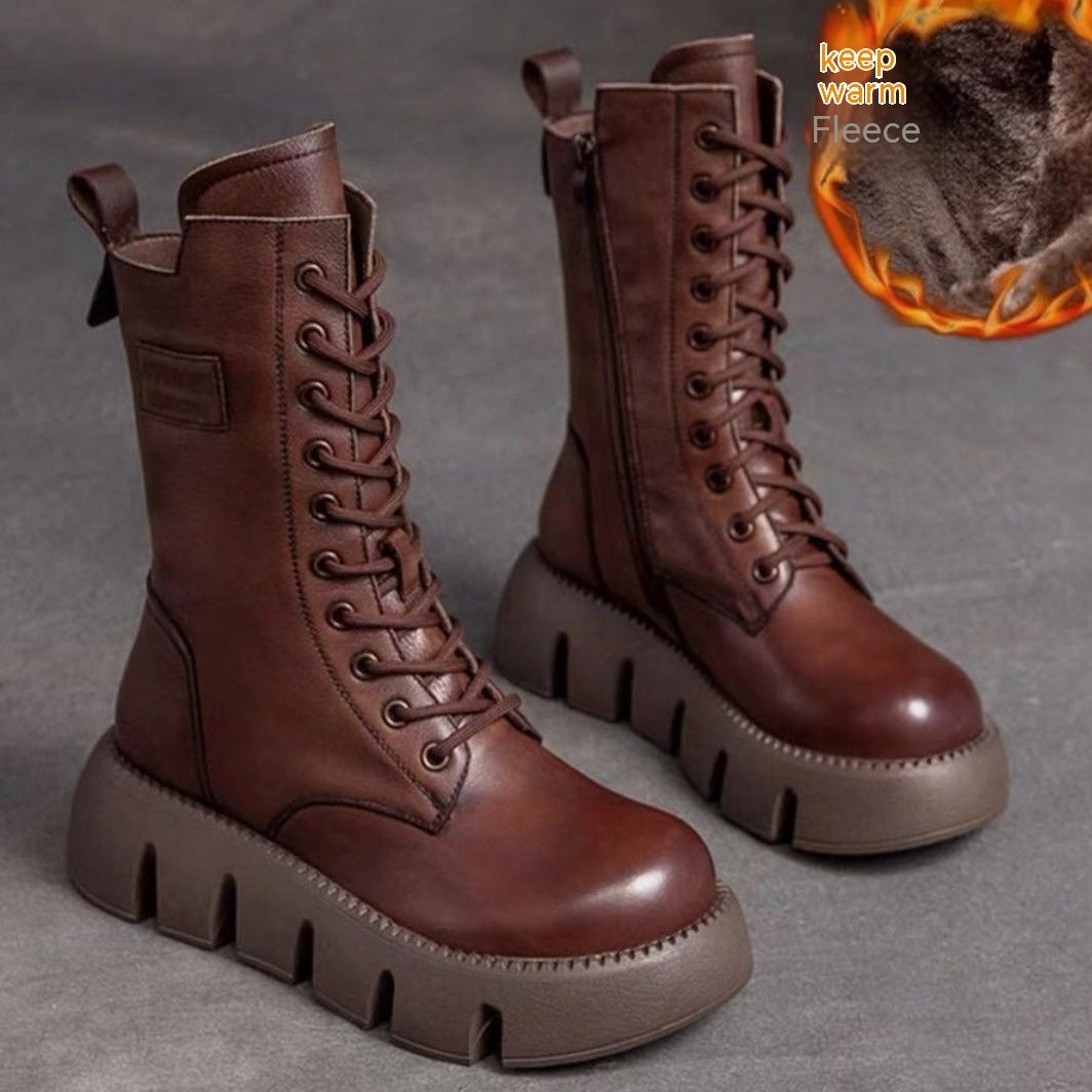Botas de moda con forro polar para otoño e invierno, cómodas, de tacón bajo, estilo Retro, de charol, estilo británico